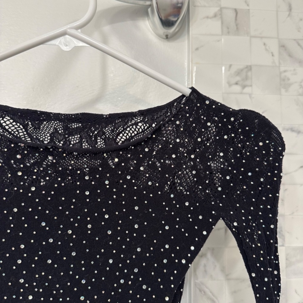 Zara Black Seamless Mesh Rhinestone Top XS - Picture 5 of 7